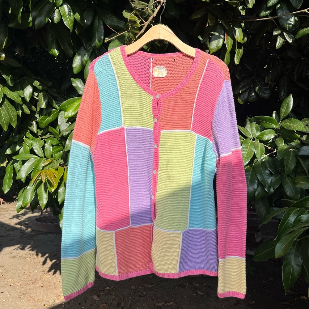 VINTAGE pastel rainbow patchwork long sleeve button up cardigan sweater